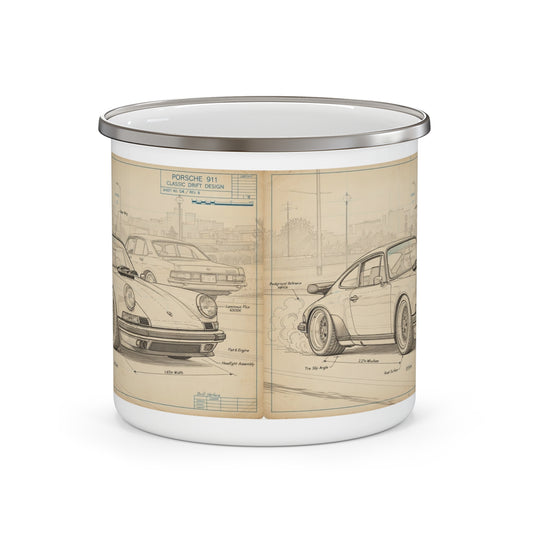 Enamel Camping Mug 12oz — Vintage Porsche 911 Blueprint Car Sketch Coffee Cup