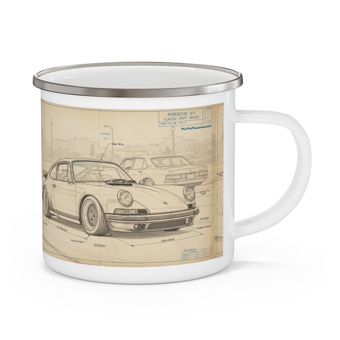 Enamel Camping Mug  12oz — Vintage Porsche 911 Blueprint Car Sketch Coffee Cup