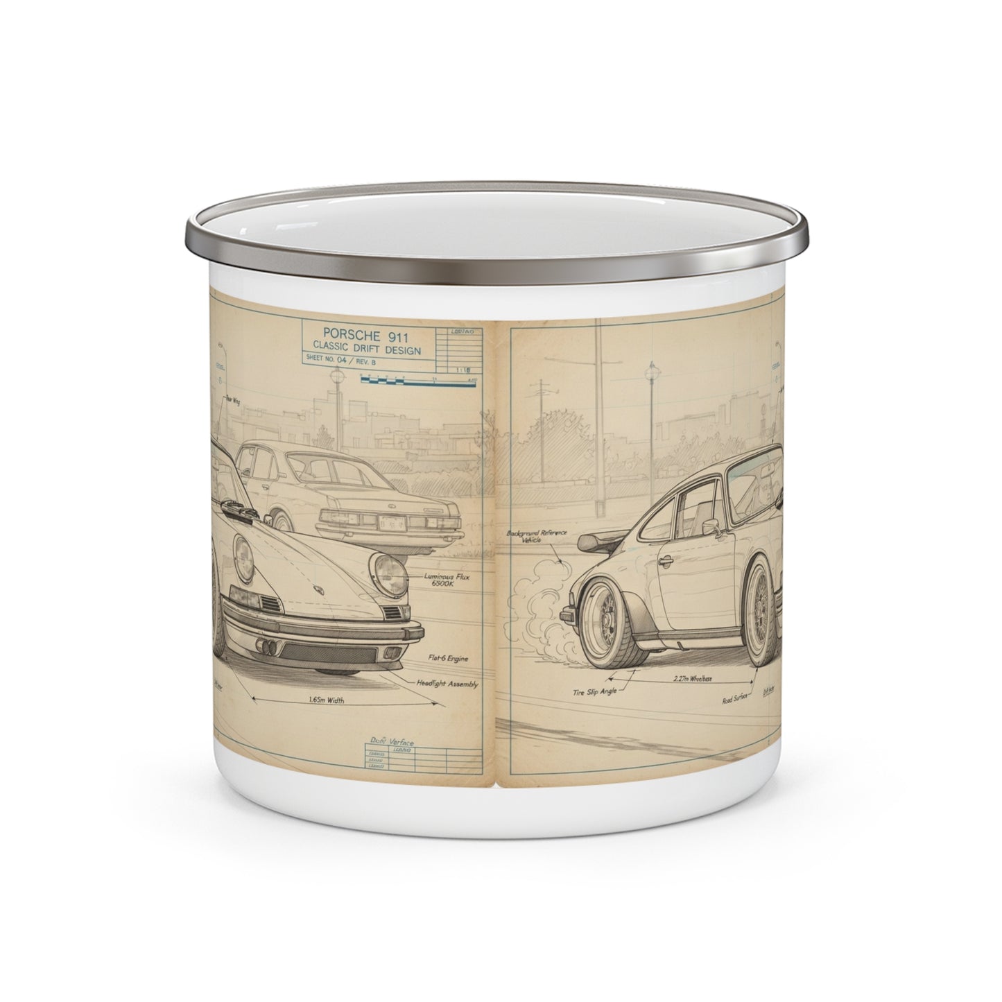 Enamel Camping Mug  12oz — Vintage Porsche 911 Blueprint Car Sketch Coffee Cup