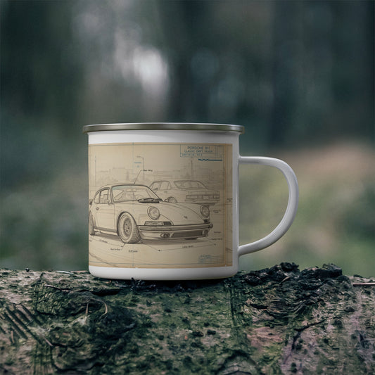 Enamel Camping Mug  12oz — Vintage Porsche 911 Blueprint Car Sketch Coffee Cup