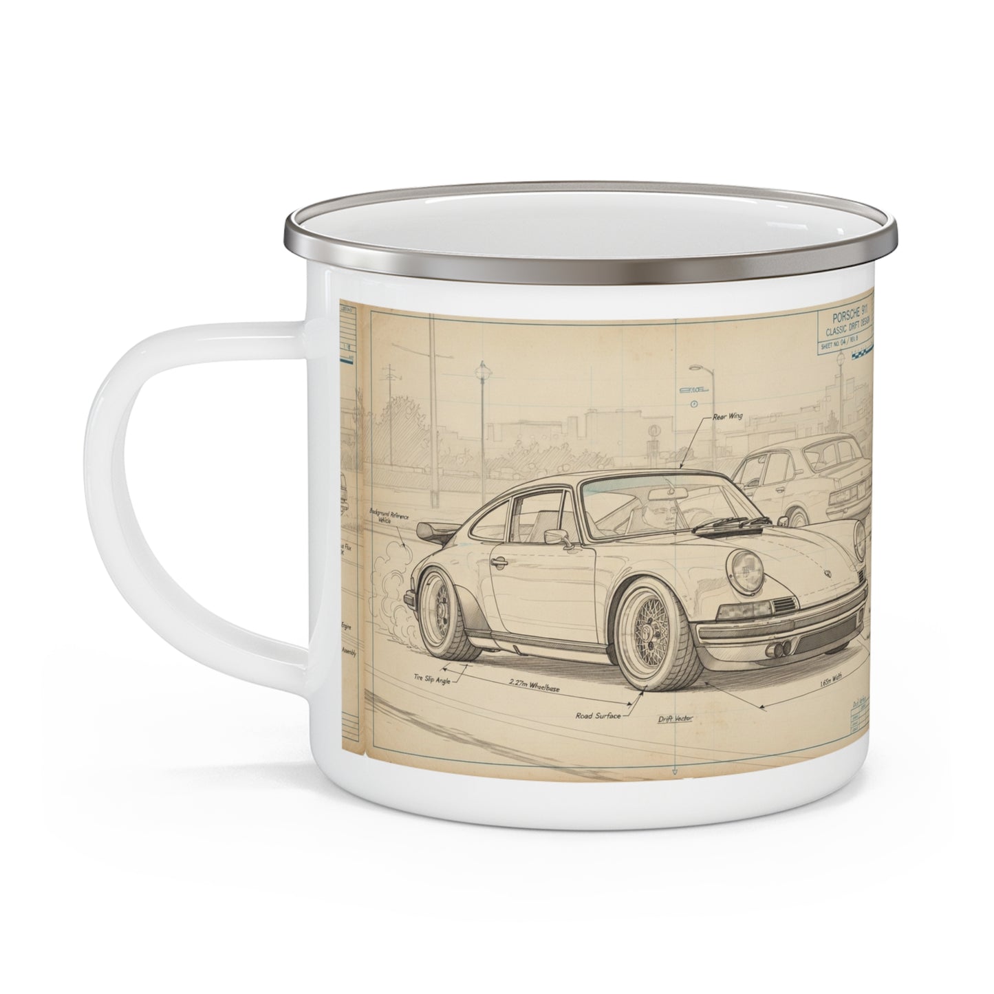 Enamel Camping Mug  12oz — Vintage Porsche 911 Blueprint Car Sketch Coffee Cup