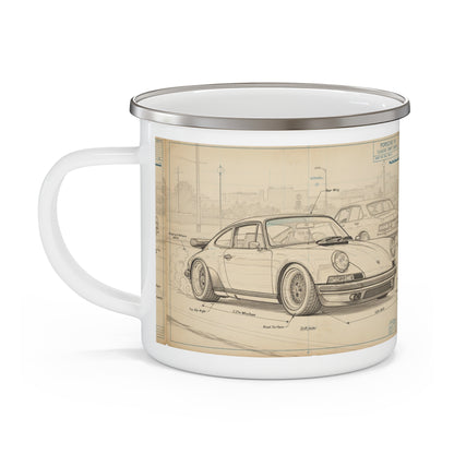 Enamel Camping Mug  12oz — Vintage Porsche 911 Blueprint Car Sketch Coffee Cup